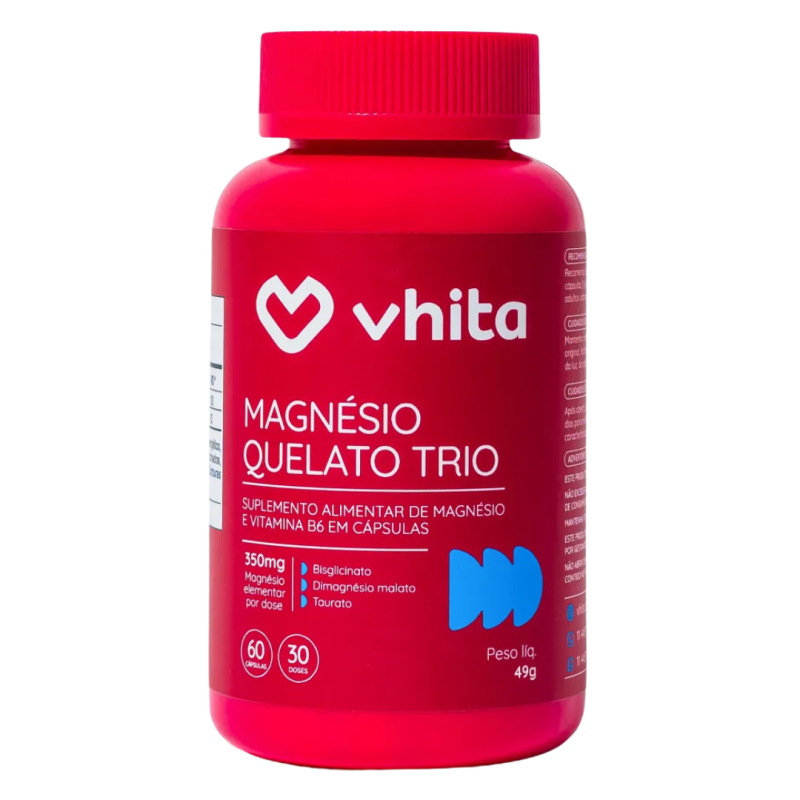Magnésio Quelato Trio 350mg | Bisglicinato, Dimalato e Taurato com Vitamina B6 60 Cápsulas - Vhita