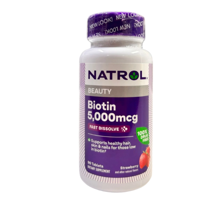 Biotina Força Extra 5000mcg Natrol — 90 Comprimidos Sabor Morango